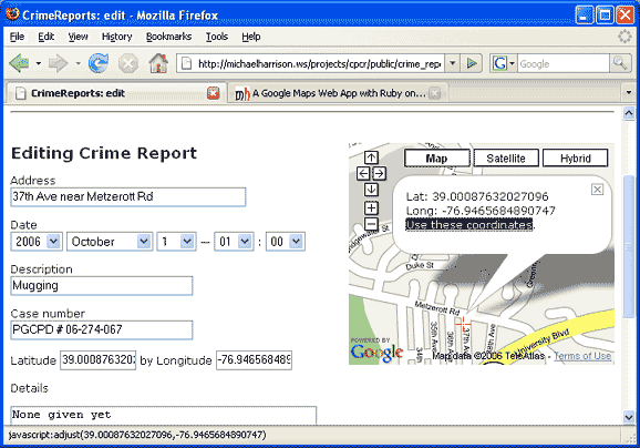 Edit View in which marker position is used to update form values